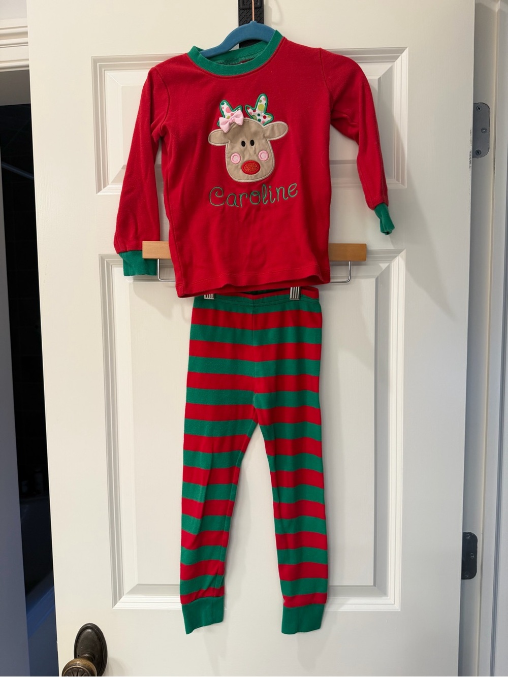 Red & Green Reindeer Stripe Kids Pajama Set - Personalized